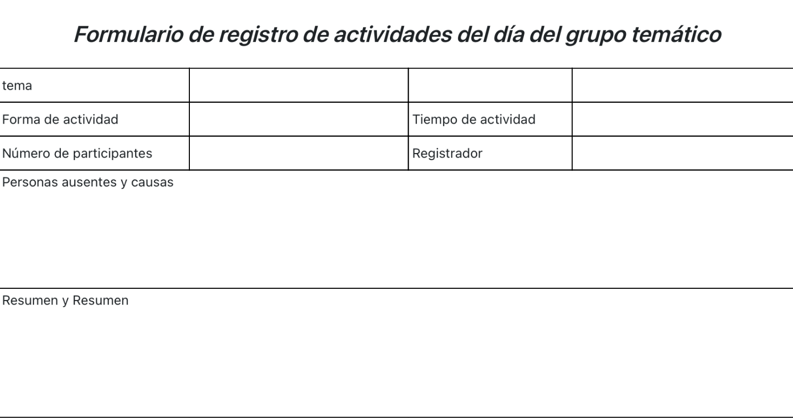 Formulario de registro de actividades del día del grupo temático